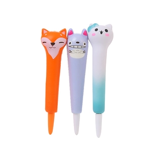 Three creative squishy stress relief pens with cute cartoon fox, cat, and animal shapes