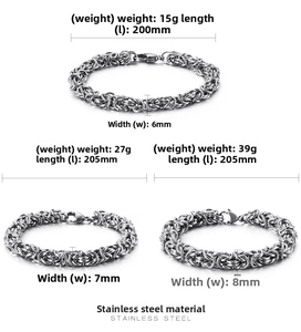 Size chart showing width and weight specs for men's braided stainless steel chain bracelet