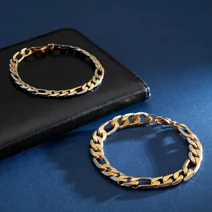 Bracelet gourmette poli bicolore argent et or en deux tailles sur cuir noir