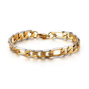 Bracelet gourmette pour homme en acier inoxydable bicolore argent et or poli brillant