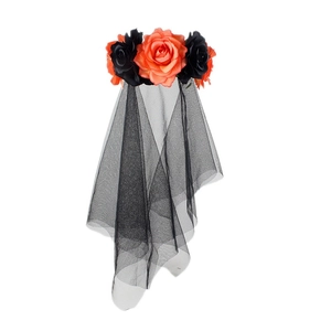 Detail of orange and black artificial roses with a mesh veil for Halloween headbands