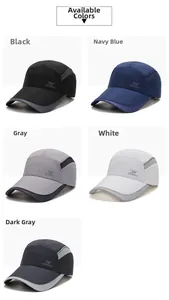 Quick-dry mesh baseball caps shown in black, navy, grey, and white colors