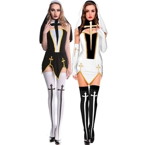 Sexy Nun Cosplay Costume Women Halloween Party Outfits Cross Print Dress Headpiece Sleeves And Stockings Polyester Black White