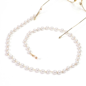 Elegant gold glasses chain with 6mm white pearls and secure anti-slip silicone loops
