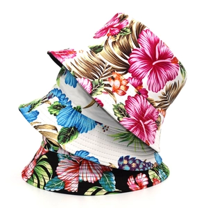 Tropical Hibiscus Floral Print Reversible Bucket Hat Wide Brim Cotton Sun Protection Outdoor Travel Unisex