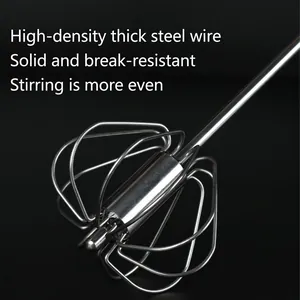 Semi-automatic stainless steel whisk featuring a durable multi-wire head and rotating core