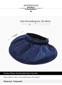 Detail view of navy blue polyester sun hat showing a 14cm wide brim and pleated texture