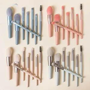 Flat lay of 8-piece professional makeup brush sets in four soft pastel colors