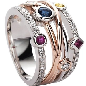 Multi-layer hiphop ring met kleurrijke zirkoonstenen in zilver en roségoud-afwerking