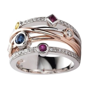 Hip Hop Ring Tweekleurig Koper Meerkleurige Cubic Zirconia Gevlochten Meerlaags Geometrische Mode Sieraden Voor Vrouwen