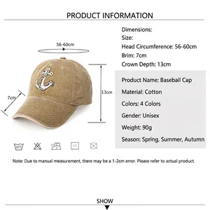 Unisex washed cotton baseball cap with anchor embroidery and detailed size guide table