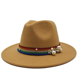 Camel wool fedora hat with rainbow ribbon trim and pearl accents on flat wide brim