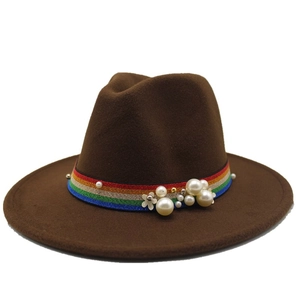 Close-up of dark coffee wool fedora hat with rainbow ribbon and pearl decorations