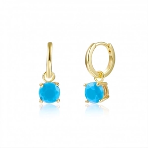 Detailed view of round blue zircon drop earrings with gold finish and front and side angles