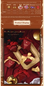 Detail view of red diamond wedding favors boxes with silk bows and capacity comparison