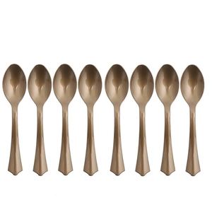 Detail view of 8 bronze spoons with vertical striped handles for gold party tableware