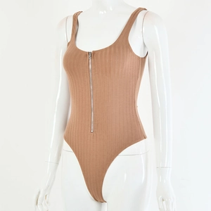 Close-up of camel ribbed bodysuit featuring a front silver zipper and knitted texture