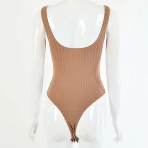 Detail view of khaki ribbed knit bodysuit with backless design and thong cut style