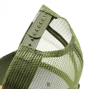 Army green mesh trucker hat back view with adjustable plastic snapback closure