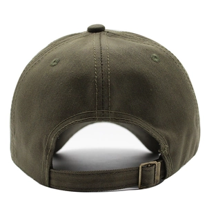 Olive green cotton baseball cap back view showing adjustable metal buckle strap