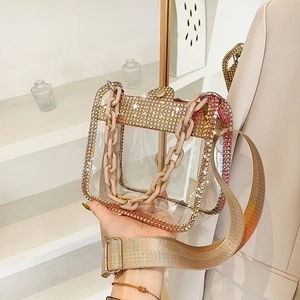 Fashion Transparent PVC Shoulder Bag Rhinestone Trimmed Small Square Crossbody With Chain Handle And Wide Strap