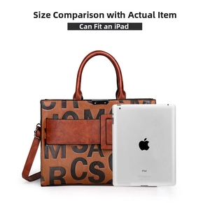 Brown textured leather tote with MARCS logo showing iPad size compatibility