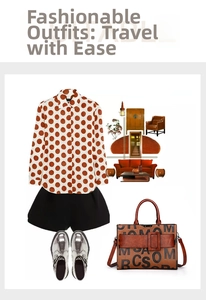 Fashion set with polka dot shirt, black shorts, silver loafers and retro tote bag