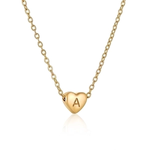 Gold stainless steel heart pendant necklace with letter A engraving on white background