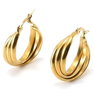 Pendientes de aro de tres capas en acero inoxidable chapado en oro de 18K brillante