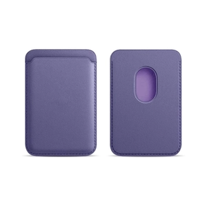 Detail of purple leather MagSafe card holder with stitching and back cutout for iPhone