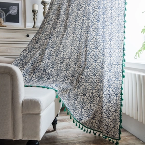 Vintage Chinese Style Kitchen Door Curtain Blue White Floral Print Cotton Linen Semi Blackout Decorative Green Tassel Trim