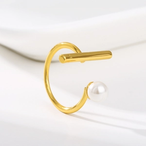 Detailed view of an 18k gold-plated open ring featuring a white pearl and geometric bar