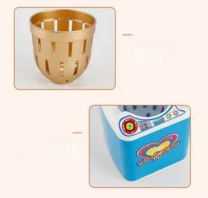 Close-up of blue toy washing machine with control panel and gold drain basket