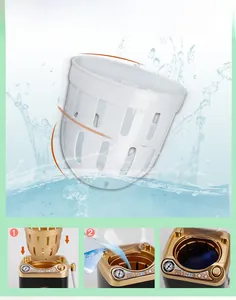 Mini electric toy washing machine details showing removable drainage basket and usage steps