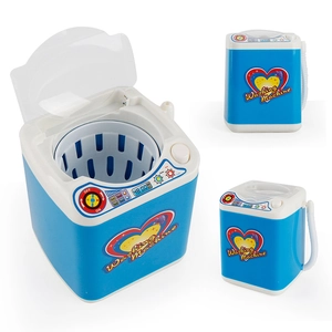 Mini electric toy washing machine for kids featuring water drainage and realistic controls