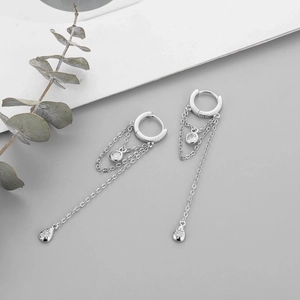 S925 sterling silver chain tassel hoop earrings with sparkling zircon drop pendants