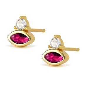 Macro shot of marquise-cut rose red gemstones with gold base minimalist stud earrings