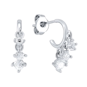 Minimalist S925 silver stud earrings with three round zircon stones in front and side views