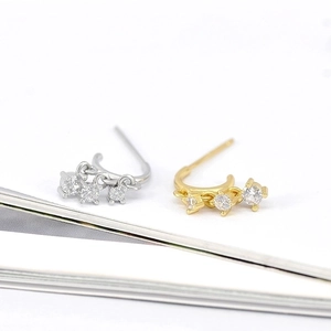 Minimalist S925 silver needle stud earrings with 3-zircon tassel in gold and silver