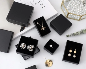 Linen textured black jewelry gift boxes with plush lining for rings and necklaces