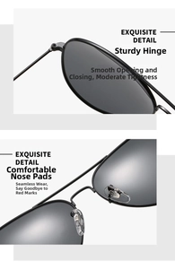 Close-up of sturdy metal hinges and soft silicone nose pads on black pilot sunglasses