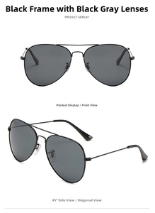 Front and 45-degree angle views of retro aviator sunglasses with black metal frames