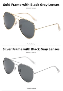 Front view of aviator sunglasses with metal frames in gold and silver options
