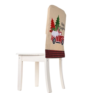 Merry Christmas chair cover with forest gnomes and red truck on beige linen fabric