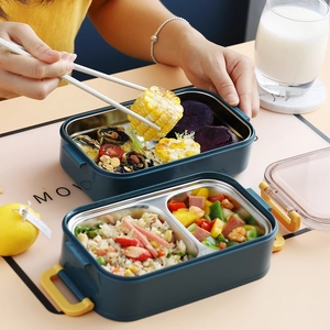 Double-layer green stainless steel lunch box with dividers and portable yellow handle