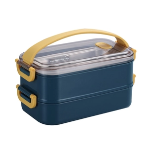 Dual-layer 304 stainless steel lunch box in blue and yellow with insulated compartments