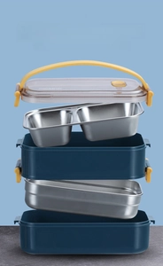 Exploded view showing dual-layer 304 stainless steel lunch box structure and yellow handles