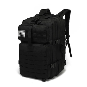 Tactical black 3P military backpack with US flag patch and MOLLE system for hiking