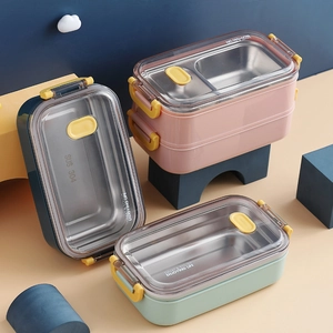 Double-layer SUS 304 stainless steel lunch box set in blue, pink, and green colors