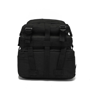 Detail of black tactical backpack featuring durable nylon fabric and Molle webbing system